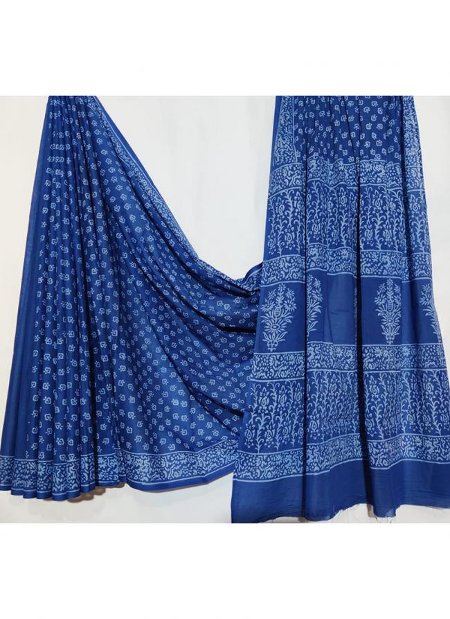 Cotton Mul Mul Blue Casual Wear Printed Saree